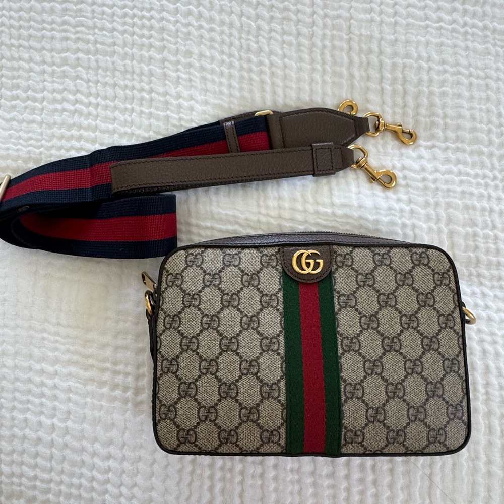 Gucci Ophidia Small Crossbody - Beige with Red and Green Signature Belting